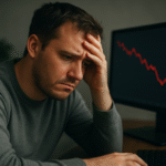 A frustrated person looking at a computer screen showing red losses. Mood: Despair.