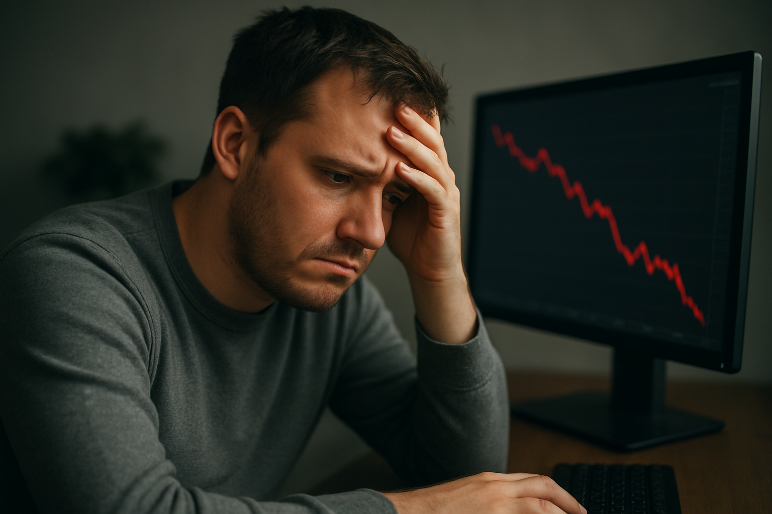 A frustrated person looking at a computer screen showing red losses. Mood: Despair.
