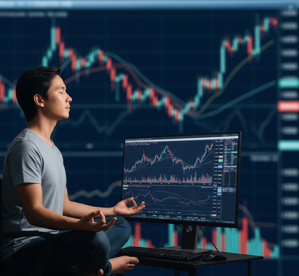 Trader meditating for calm trading